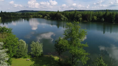 Beautiful-lake-in-France,-drone-view.-Sunny-day
